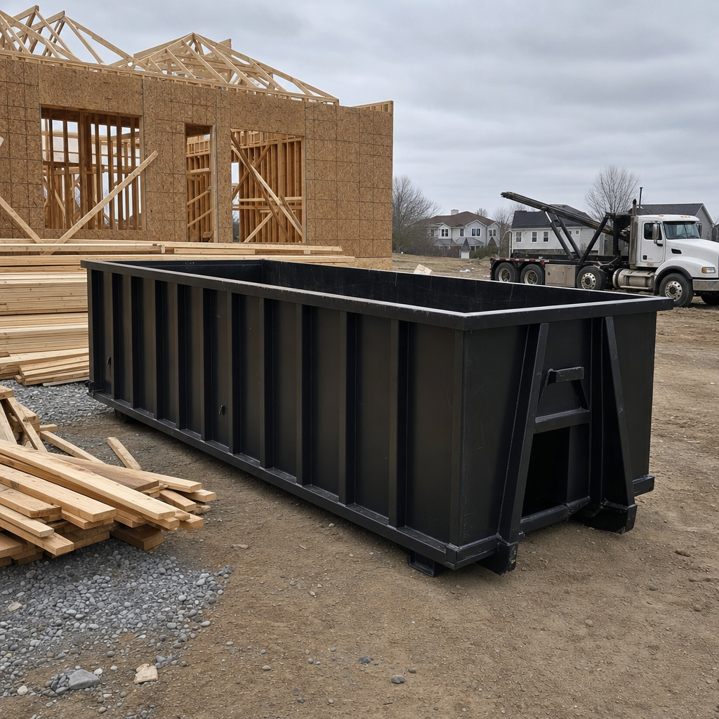 Matte-black 40-yard roll-off dumpster staged on a framed-out residential construction site in Pleasanthill, framing lumber stacked nearby, hooklift delivery truck visible in the background under bright Colorado daylight