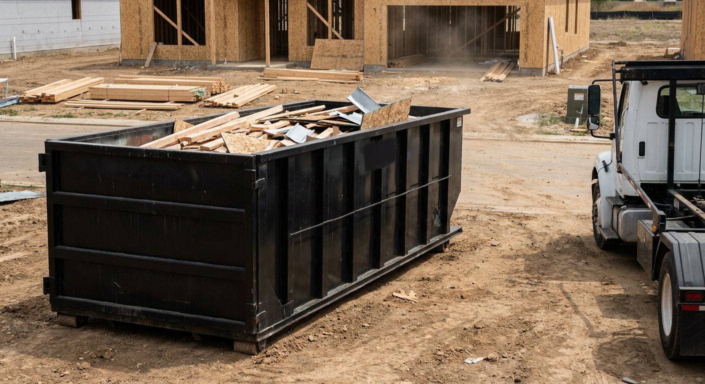 Matte-black 20-yard roll-off construction dumpster with heavy ribbed steel sidewalls and swing rear doors at a working jobsite in Pleasanthill, sitting directly on compacted dirt with an unmarked white hauler partially visible at the far edge of the frame.