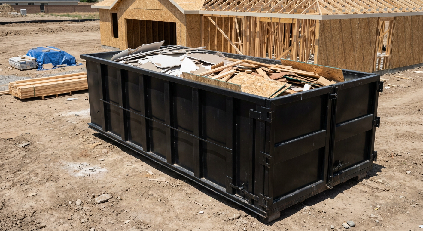 Matte-black 30-yard roll-off construction dumpster sitting directly on the compacted-dirt site of a framed single-family home build in Pleasanthill, drywall and lumber scrap loaded inside.