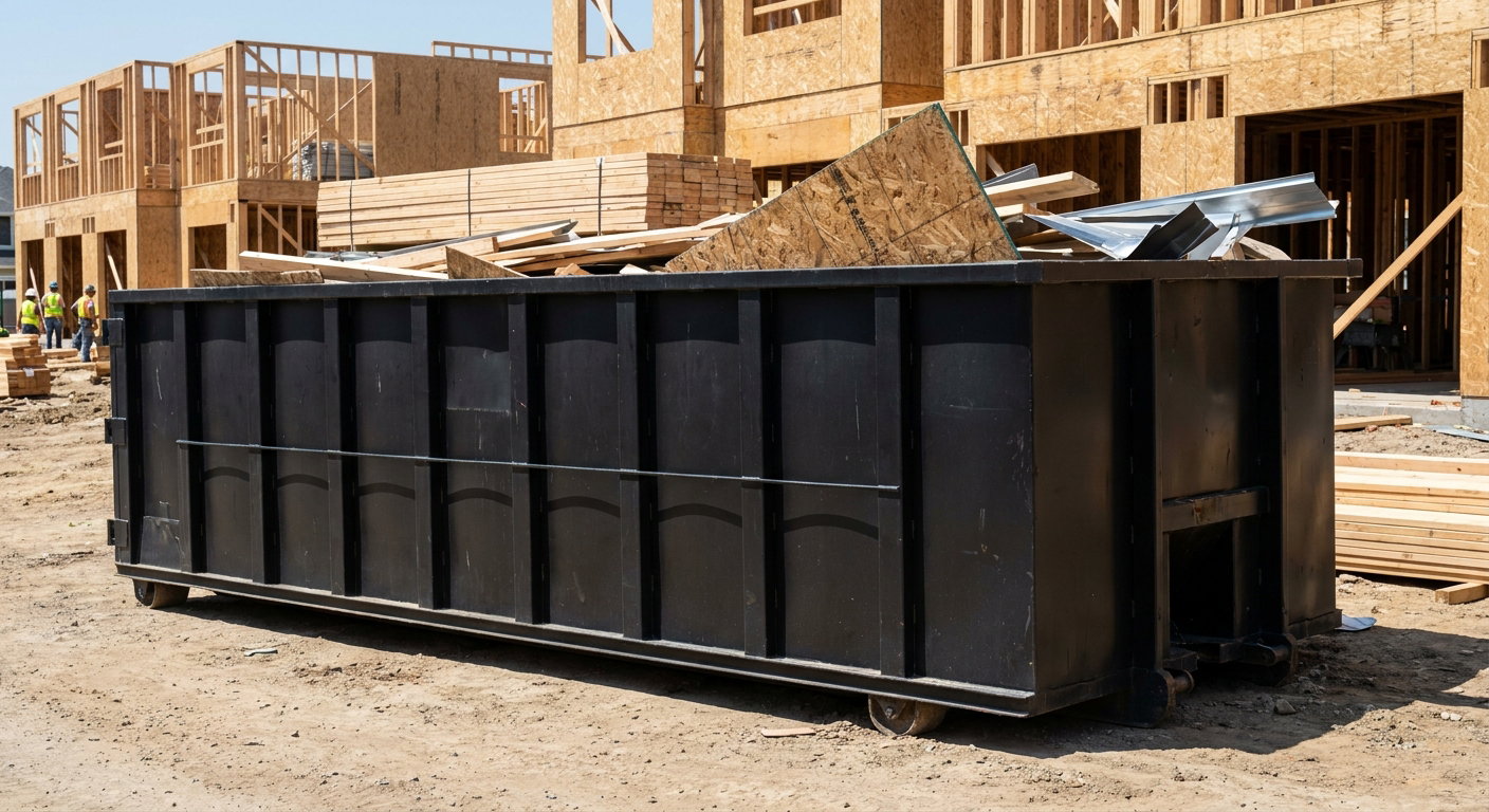 Matte-black 40-yard roll-off construction dumpster being lowered from a white-cab hooklift delivery truck onto the compacted-dirt jobsite at a commercial build site in Pleasanthill
