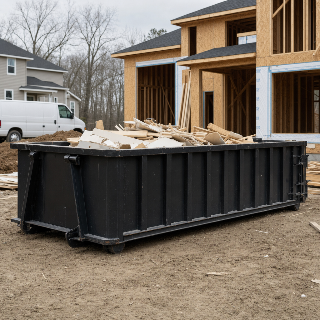 Worker in a yellow high-visibility vest tossing framing lumber and broken drywall into a matte-black 30-yard construction roll-off dumpster on an active build site in Pleasanthill, bright daylight