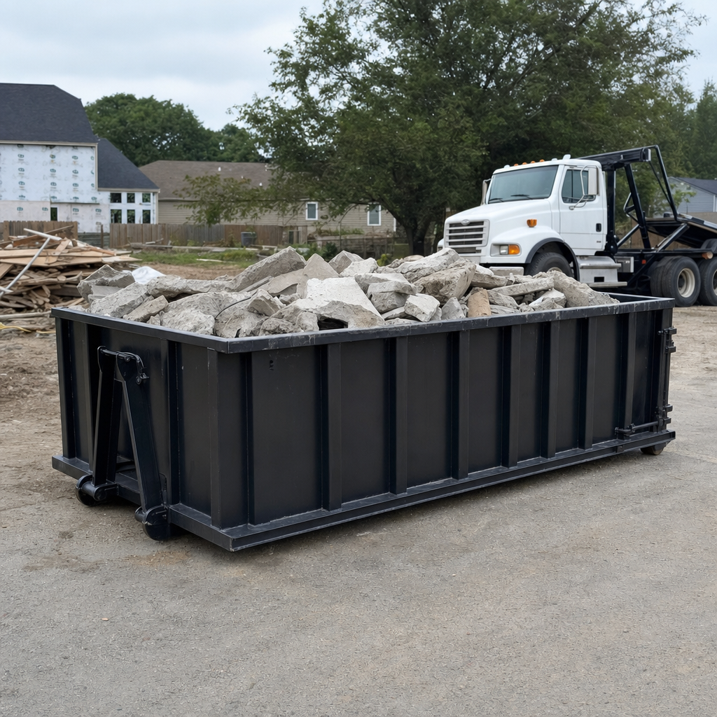 Low-profile matte-black lowboy roll-off dumpster loaded with broken concrete slab and rebar at a foundation tear-out in Pleasanthill, skid steer parked beside it, sunny Colorado morning