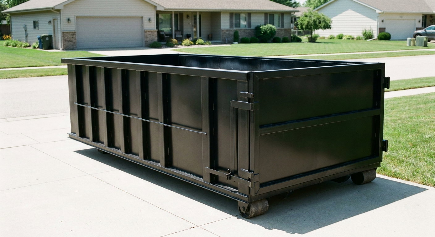 Matte-black 10-yard roll-off dumpster on a residential concrete driveway in Pleasanthill, uniformly painted matte black across every panel and rail, ribbed steel sidewalls and rear swing door visible, mid-day daylight.