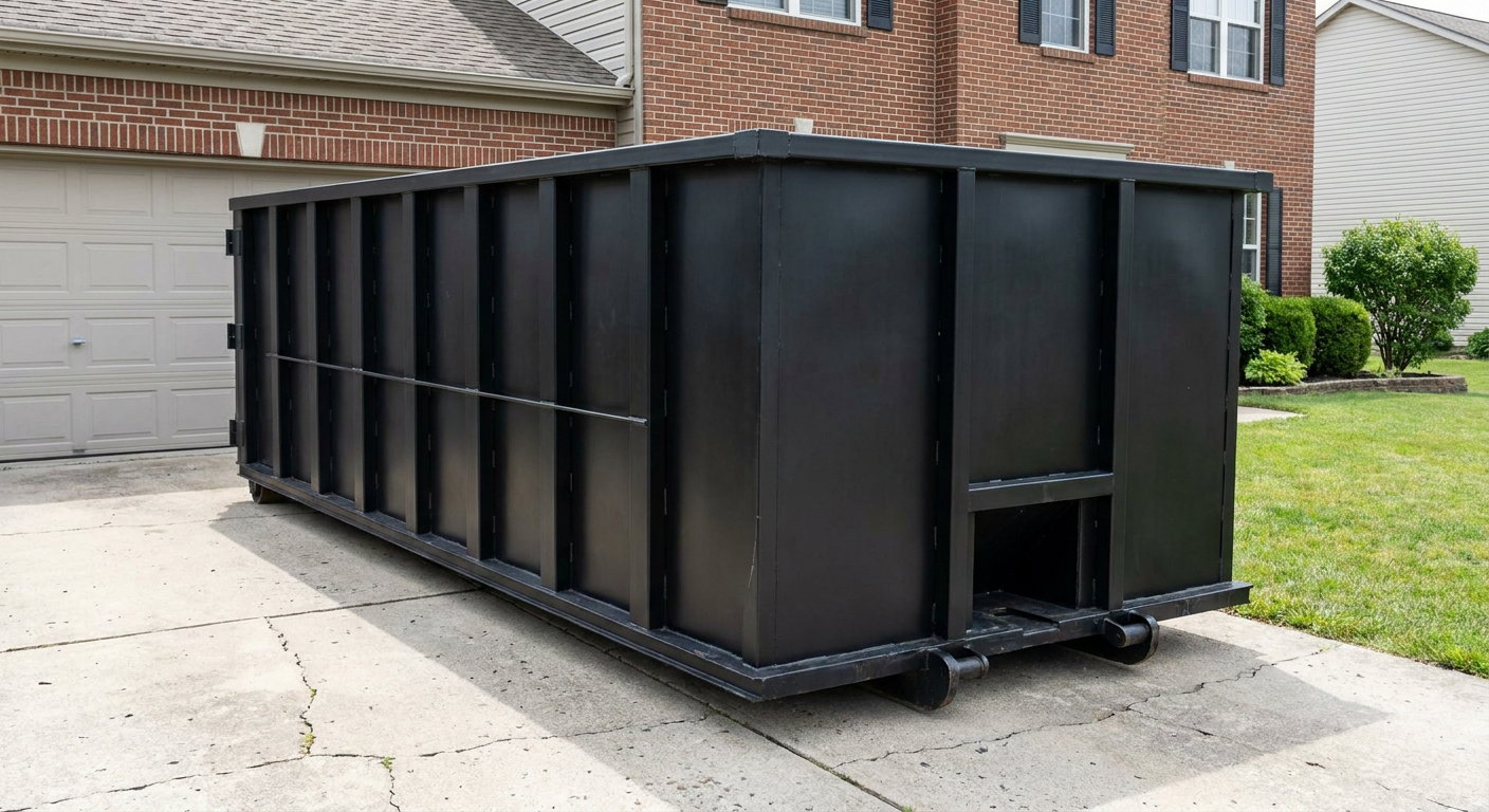 Matte-black 20-yard roll-off container on a Pleasanthill residential concrete driveway with reinforced ribbed steel sidewalls and a hinged rear walk-in door, clean bright daylight.