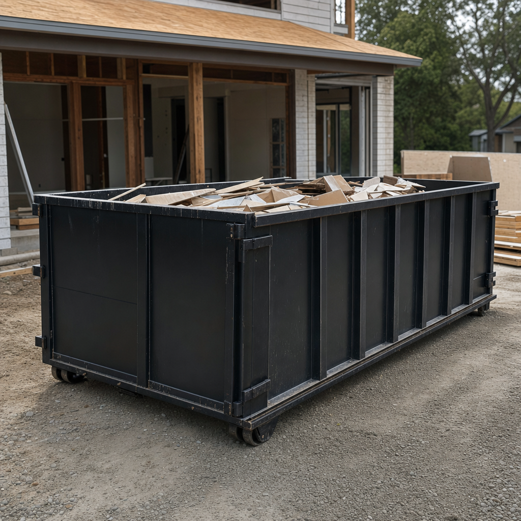 Large matte-black 30-yard construction roll-off dumpster at an active Pleasanthill jobsite, steel-gray top rails and bottom rollers visible, loaded with construction debris.