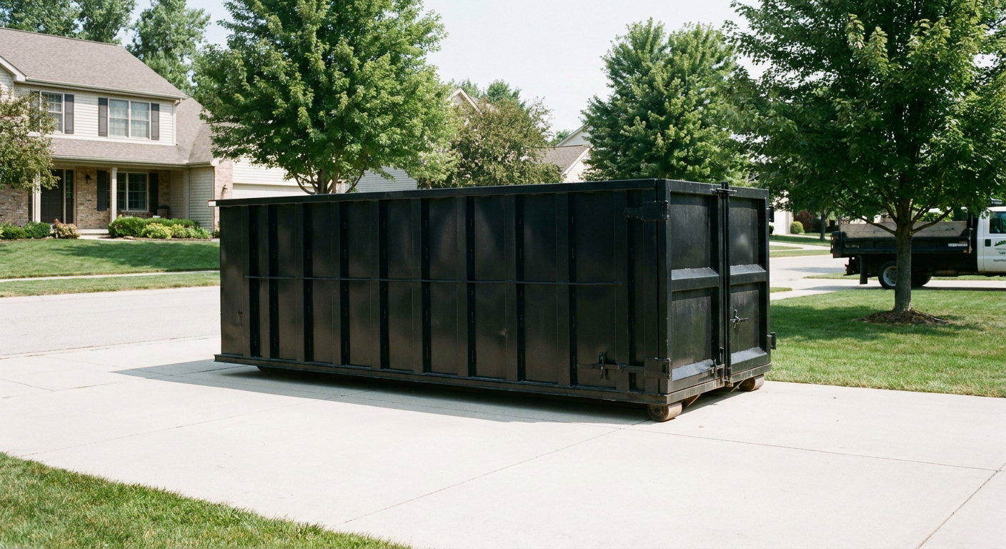 Matte-black 20-yard roll-off dumpster sitting level on a clean Pleasanthill residential concrete driveway under bright daylight, demonstrating clean placement directly on the concrete.