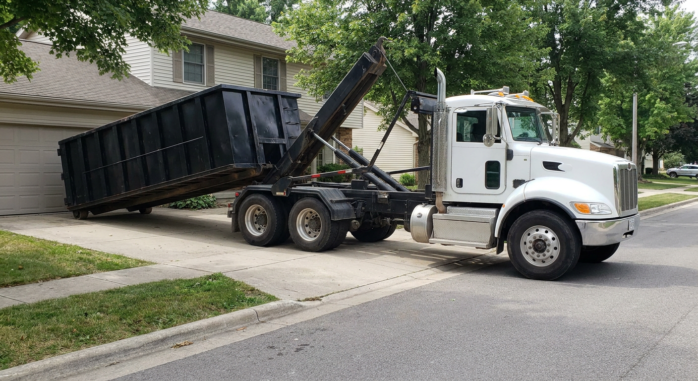 White-cab hooklift roll-off truck actively lowering a matte-black dumpster onto a Pleasanthill residential concrete driveway, the dumpster's rear wheels touching the driveway as the hoist arm tilts the bed forward, mid-morning daylight.