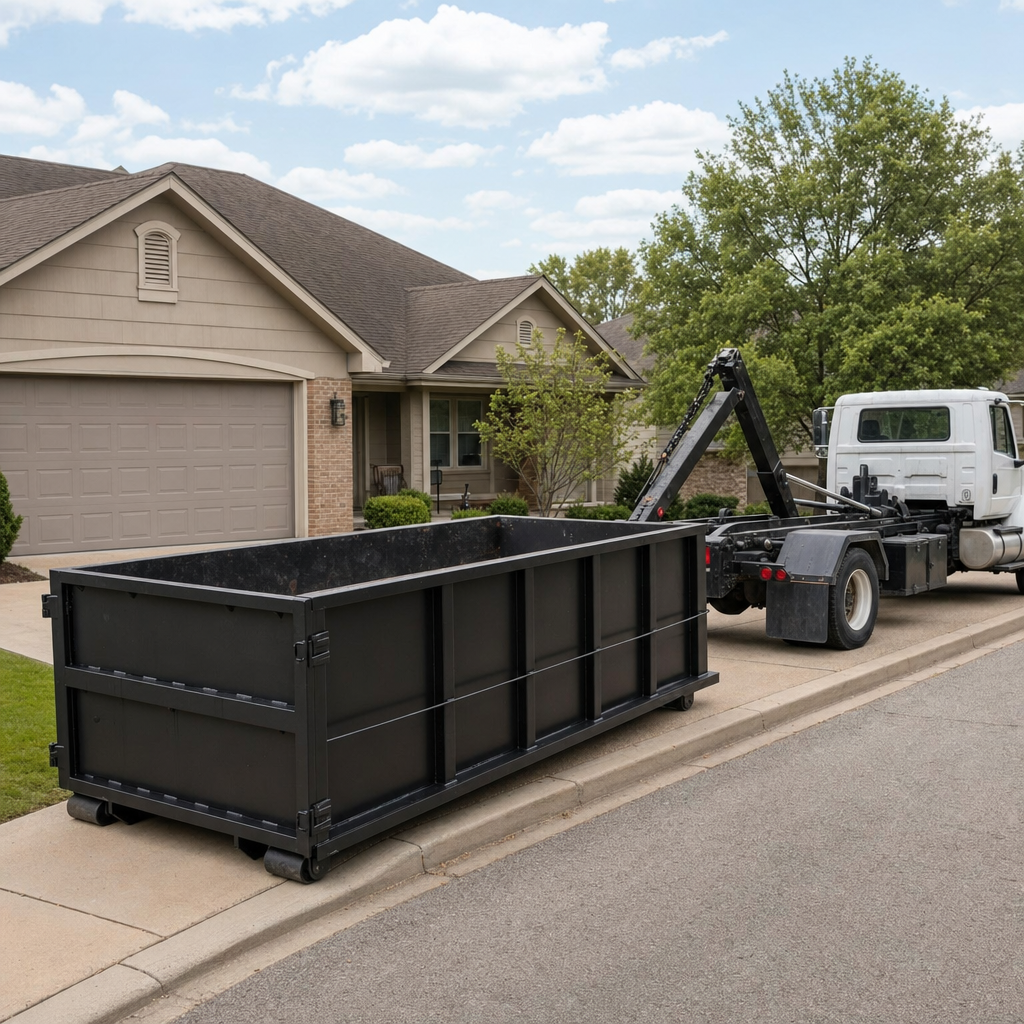 Wide documentary shot of a matte-black roll-off dumpster on a Pleasanthill residential driveway in the foreground and a contractor jobsite container in the soft-focus background, bright daylight, calm and orderly composition.