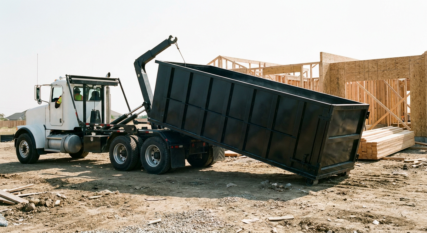Matte-black roll-off dumpster being delivered onto a clean residential concrete driveway in Pleasanthill by an unmarked white hooklift hauler truck, bright morning daylight, documentary 35mm perspective.