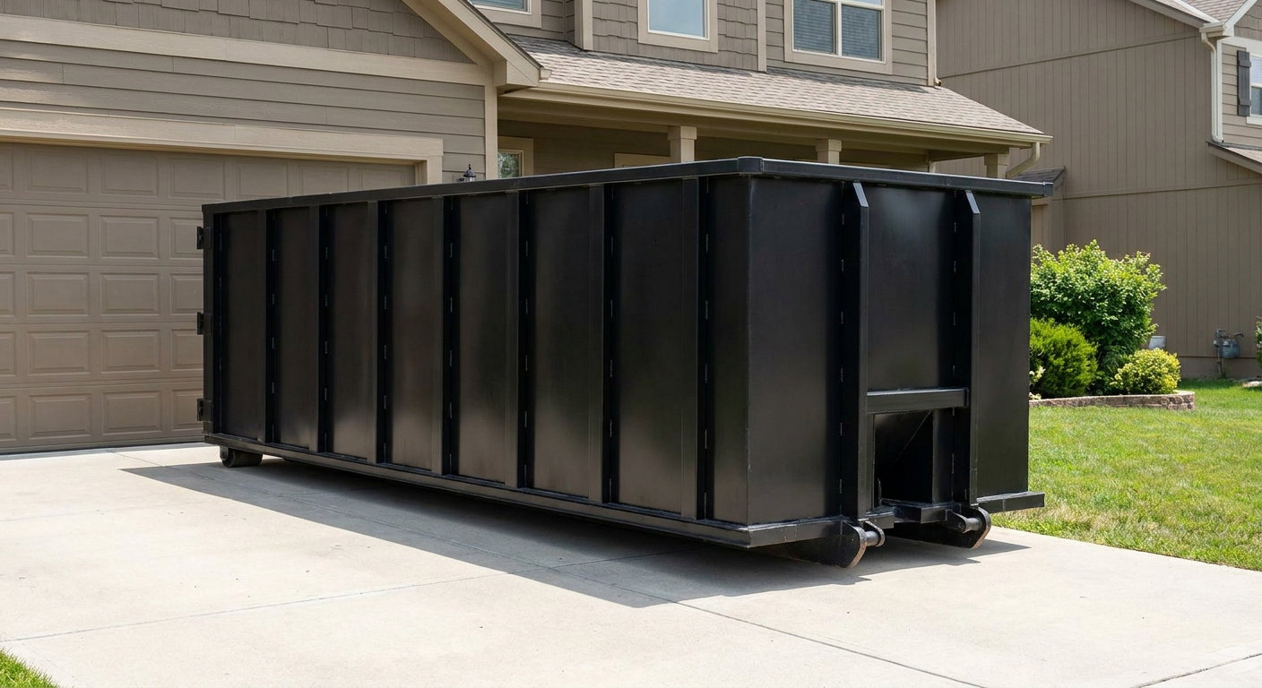 Matte-black residential roll-off dumpster sitting directly on a suburban Pleasanthill concrete driveway, garage door closed, single-family home in background, bright morning daylight.