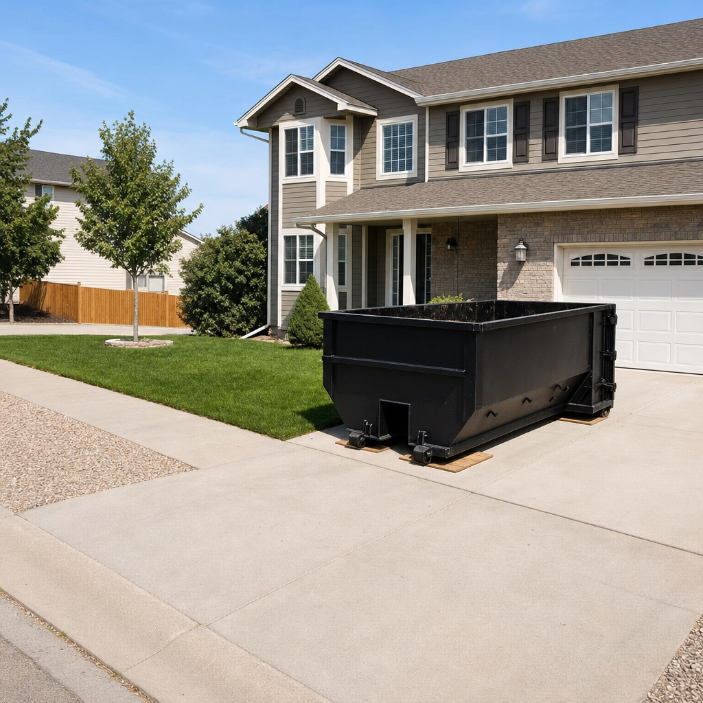 10-yard matte-black residential dumpster placed directly on a narrow Pleasanthill concrete driveway, room remains for a parked sedan beside it, mid-morning natural light