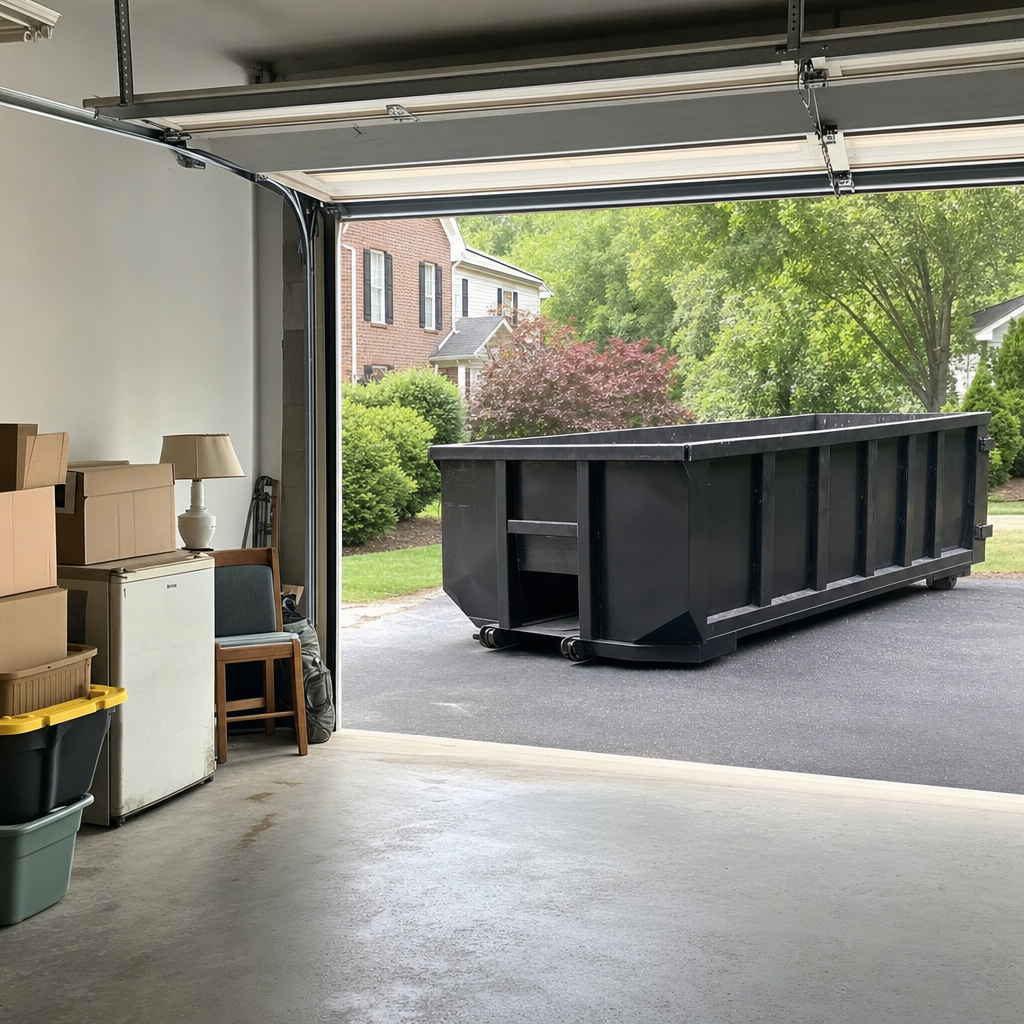 Open garage interior in a Pleasanthill home mid-cleanout — boxed items, an old appliance, and stacked yard tools queued near the driveway for a matte-black roll-off dumpster, organized and calm