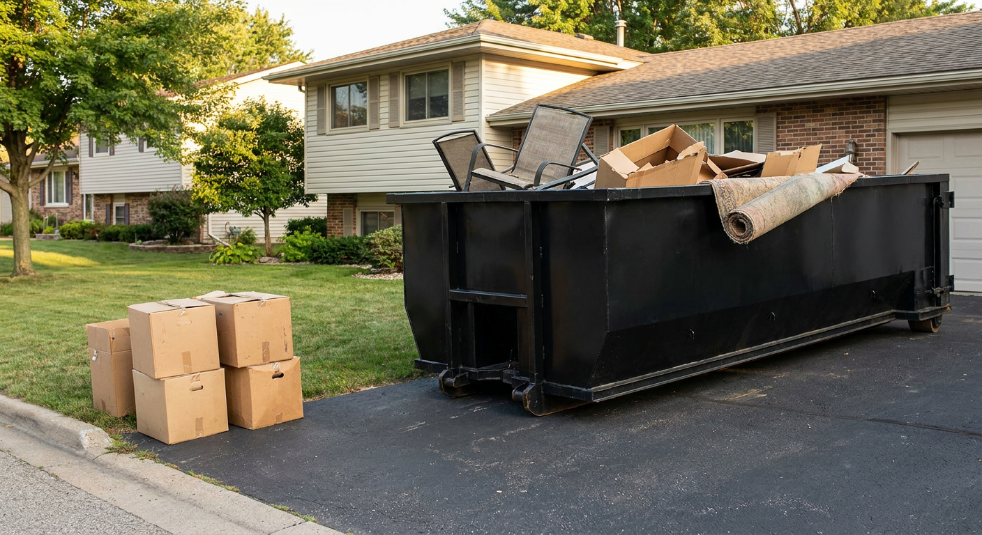 Front-yard view of a Pleasanthill split-level home with a 20-yard matte-black roll-off dumpster sitting directly on the asphalt driveway, a few clearly labeled donation boxes staged at the curb, calm sunny afternoon.