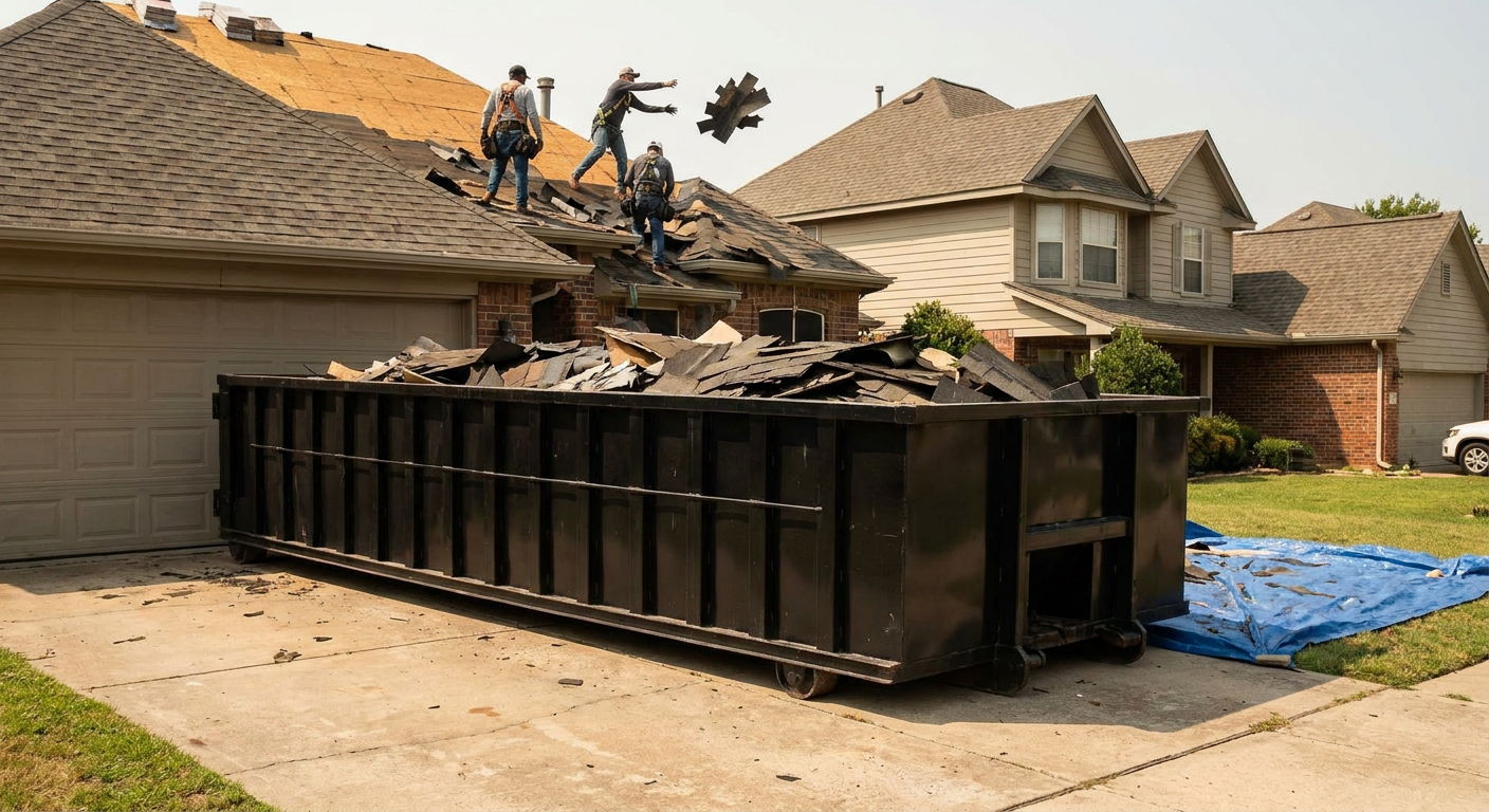 Matte-black roofing roll-off dumpster placed directly on a Pleasanthill residential concrete driveway, a tear-off crew on a two-story asphalt-shingle roof tossing shingle bundles into the low-walled container, bright daylight, documentary 35mm perspective.