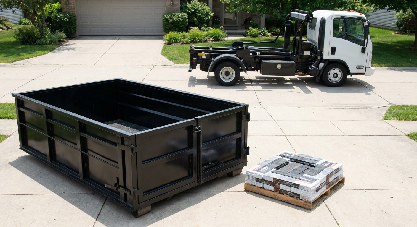 Matte-black 15-yard roofing roll-off dumpster with reinforced low side walls sitting directly on a Pleasanthill residential concrete driveway, three-tab asphalt shingle bundles stacked nearby, an unmarked white hauler truck partially visible at the edge of the frame.