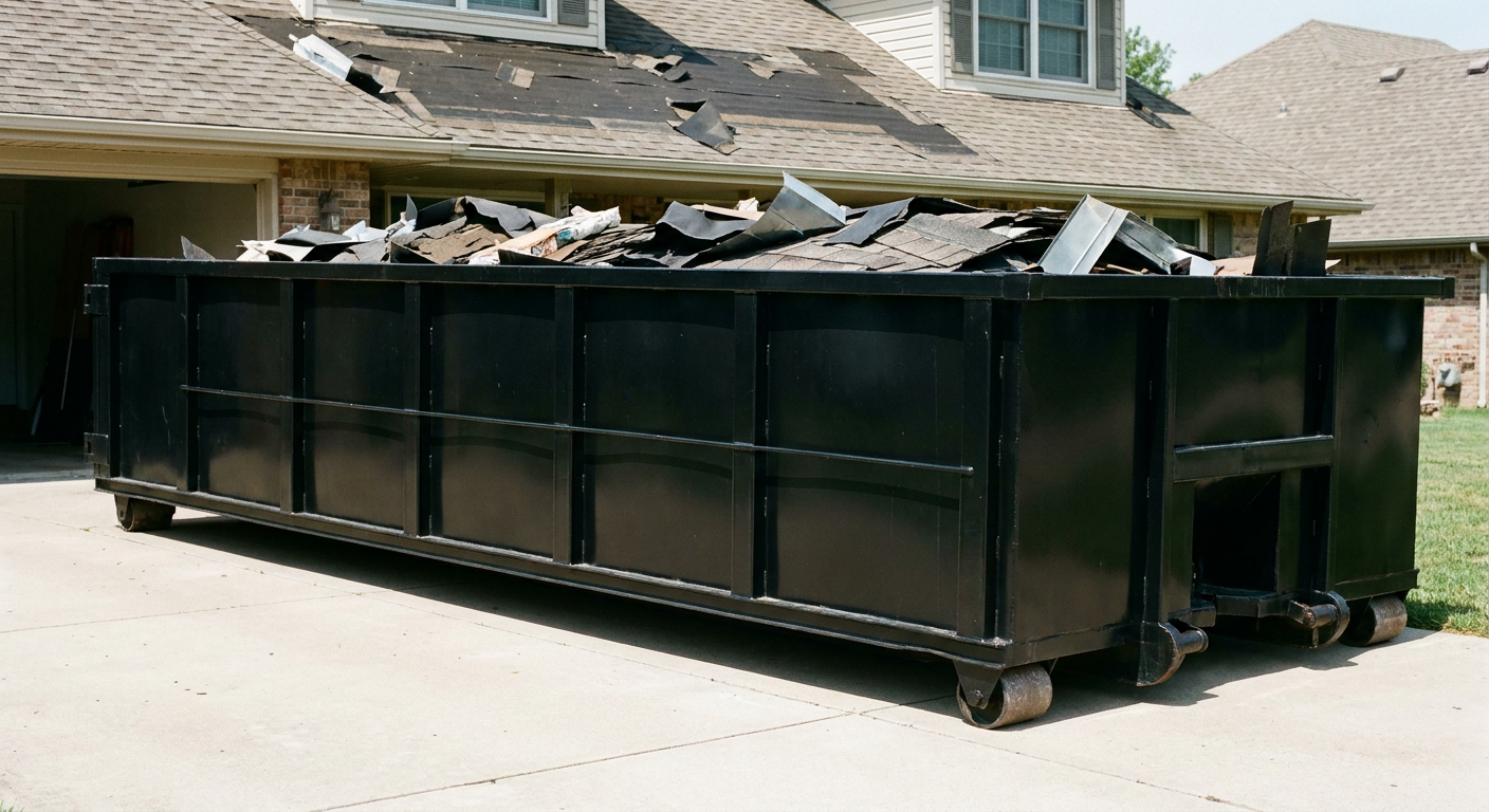 Matte-black 20-yard roofing roll-off dumpster with steel ribbed sides and swinging rear door, sitting directly on the concrete driveway of a two-story Pleasanthill home, asphalt shingle debris being loaded over the low wall, clean documentary lighting.