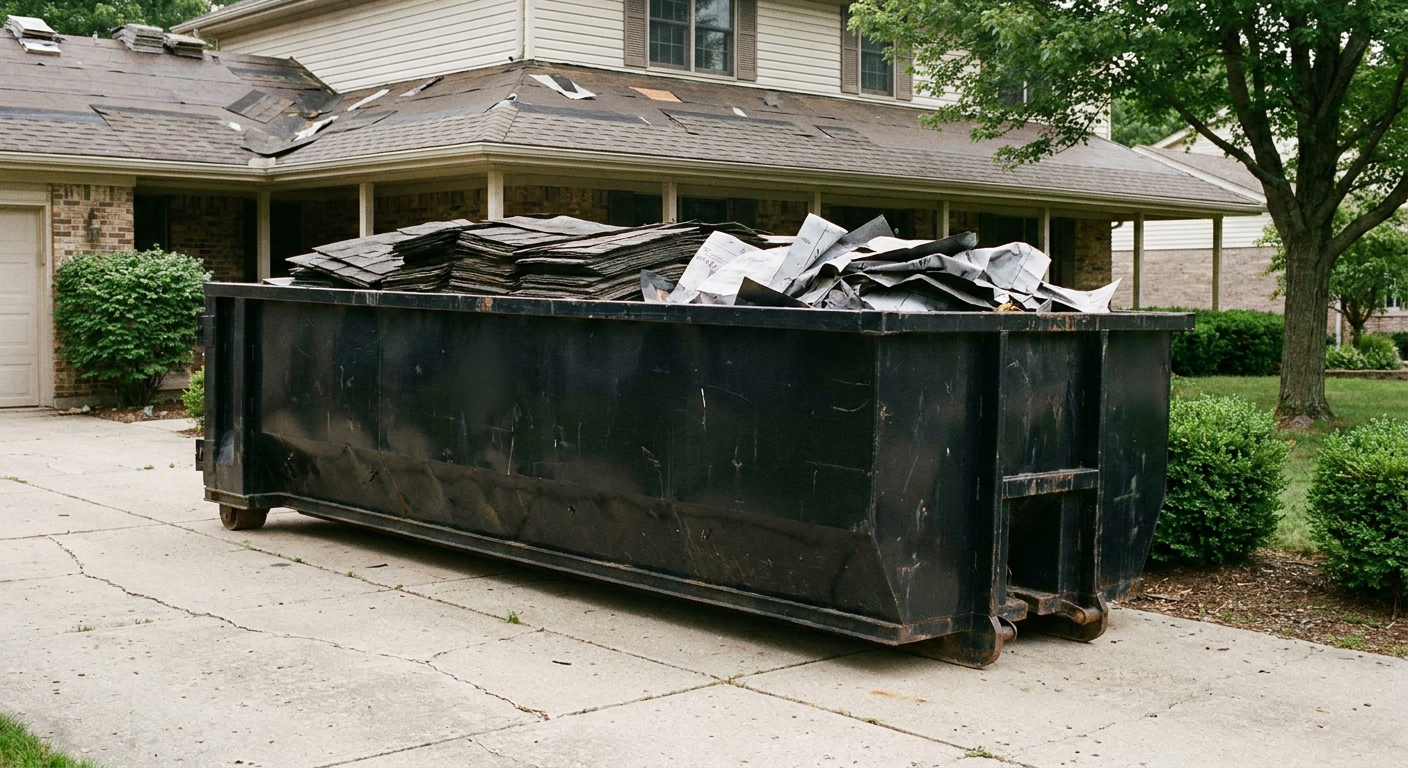 Matte-black 30-yard roofing roll-off dumpster sitting directly on a Pleasanthill concrete driveway, taller ribbed steel side panels, mixed tear-off debris of asphalt shingles and underlayment inside, professional documentary daylight.