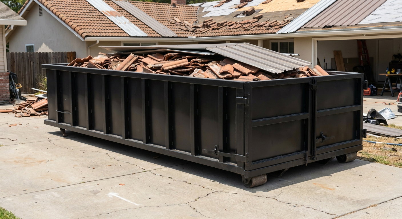 Matte-black low-wall heavy-debris roofing roll-off dumpster sitting directly on a Pleasanthill concrete driveway, broken concrete clay roof tiles and metal panel sections loaded inside, reinforced ribbed steel side walls visible, bright outdoor daylight.