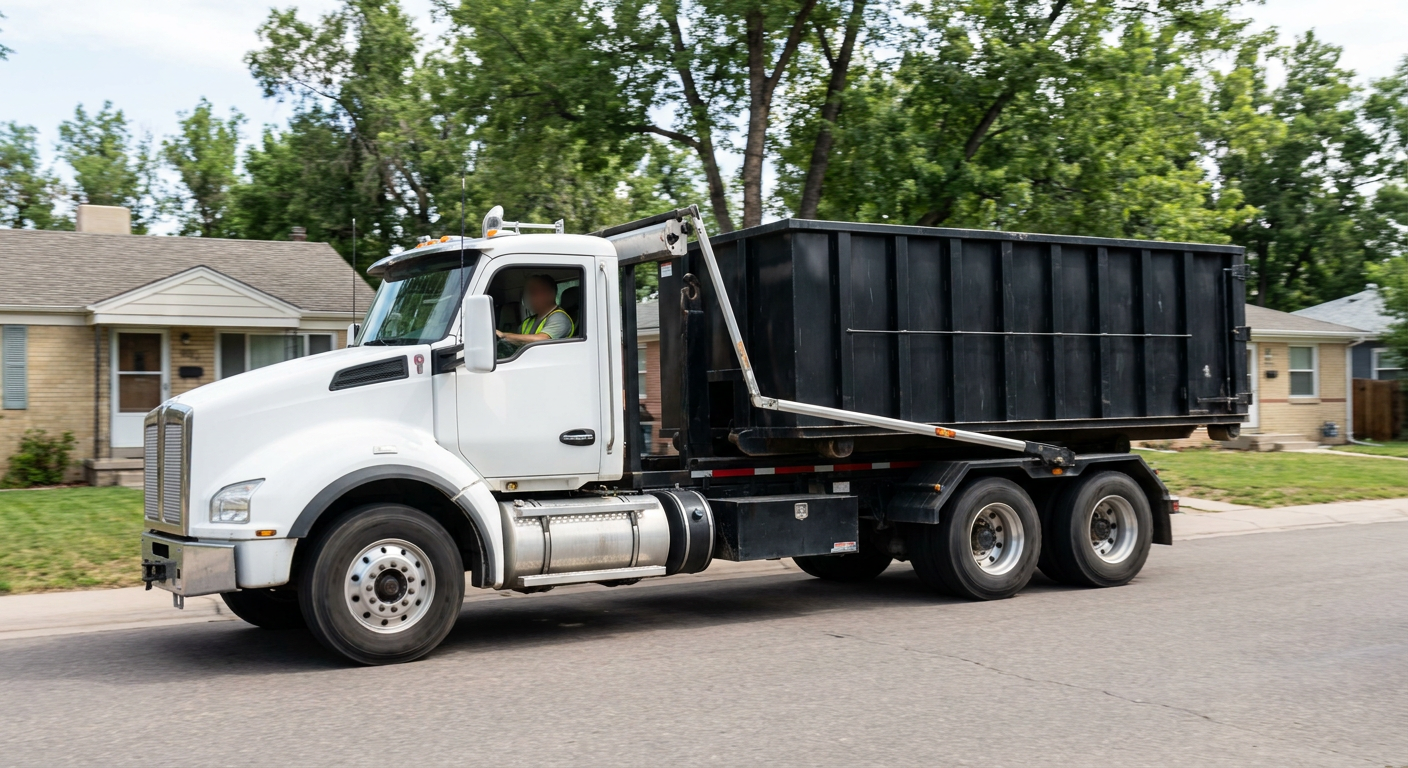 A wide documentary shot of a matte-black roll-off delivery truck pulling onto a quiet Pleasanthill residential street at mid-morning, with neighborhood rooftops and tree-lined blocks visible behind, showing the metro coverage footprint.