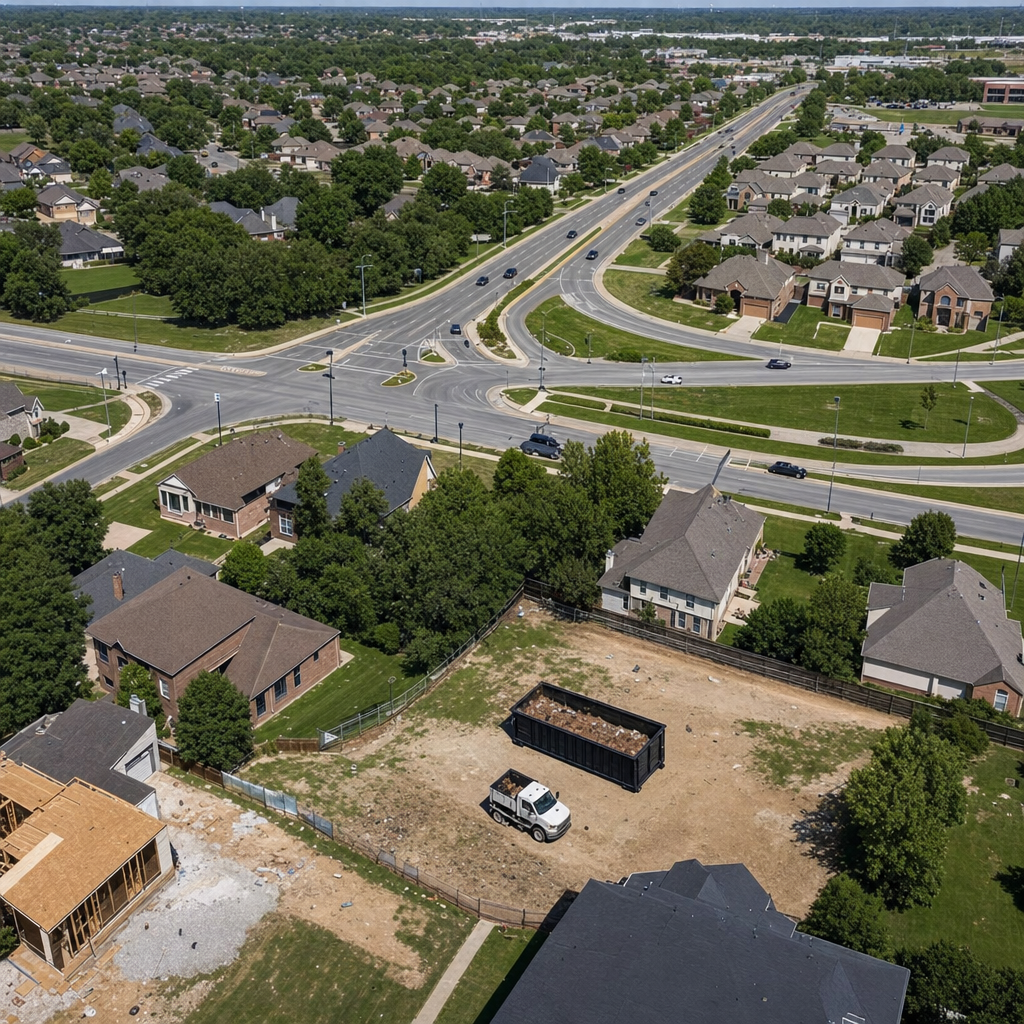 An overhead documentary view of the Pleasanthill metro area at midday, showing the spread of neighborhoods, arterial roads, and the dispatch radius from a central yard — clean daylight, organized geographic layout.