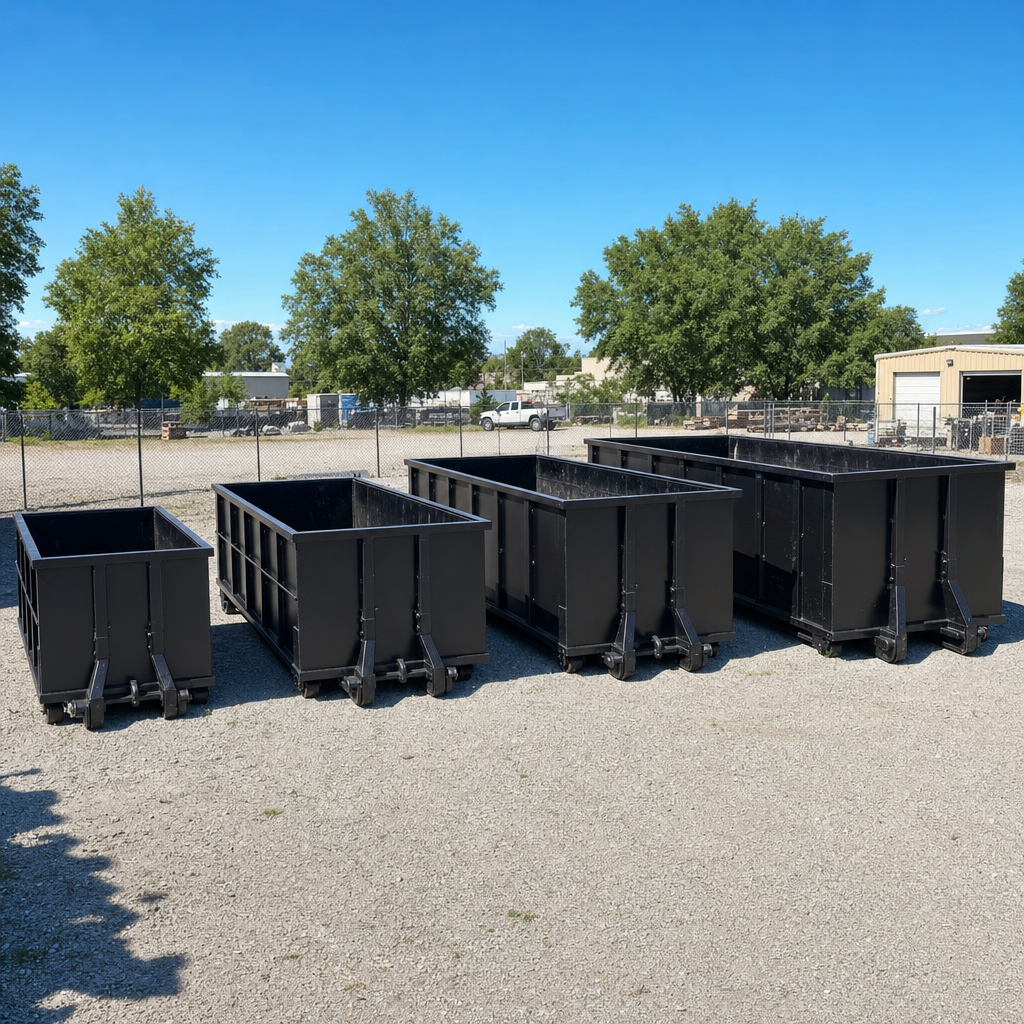A clean lineup of matte-black roll-off dumpsters in 10, 20, 30, and 40-yard sizes staged on a sunlit gravel yard in Pleasanthill, showing the size progression from compact to commercial-scale containers.