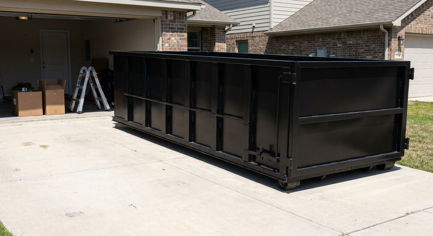 A matte-black 10-yard roll-off dumpster sitting directly on a residential Pleasanthill concrete driveway, mid-day sunlight, clean and ready for a garage cleanout.