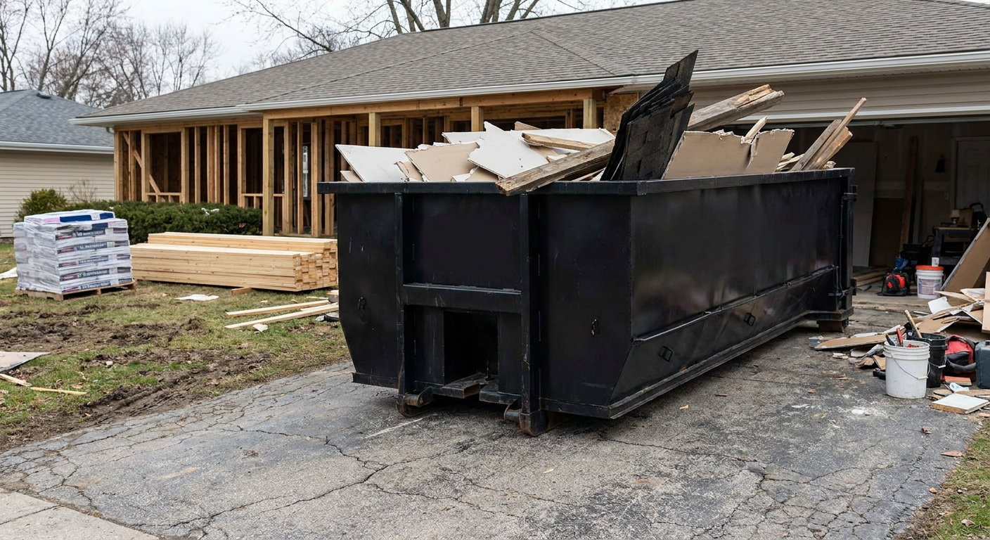A matte-black 20-yard roll-off dumpster placed alongside a mid-renovation Pleasanthill home directly on the asphalt driveway, with framing materials and torn-off shingles staged neatly nearby.