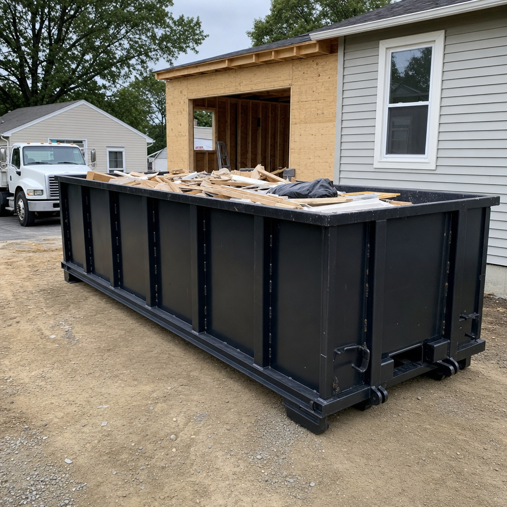 A matte-black 30-yard roll-off dumpster positioned at a Pleasanthill residential addition jobsite, with framing lumber and drywall scraps loaded through the open swinging rear doors.