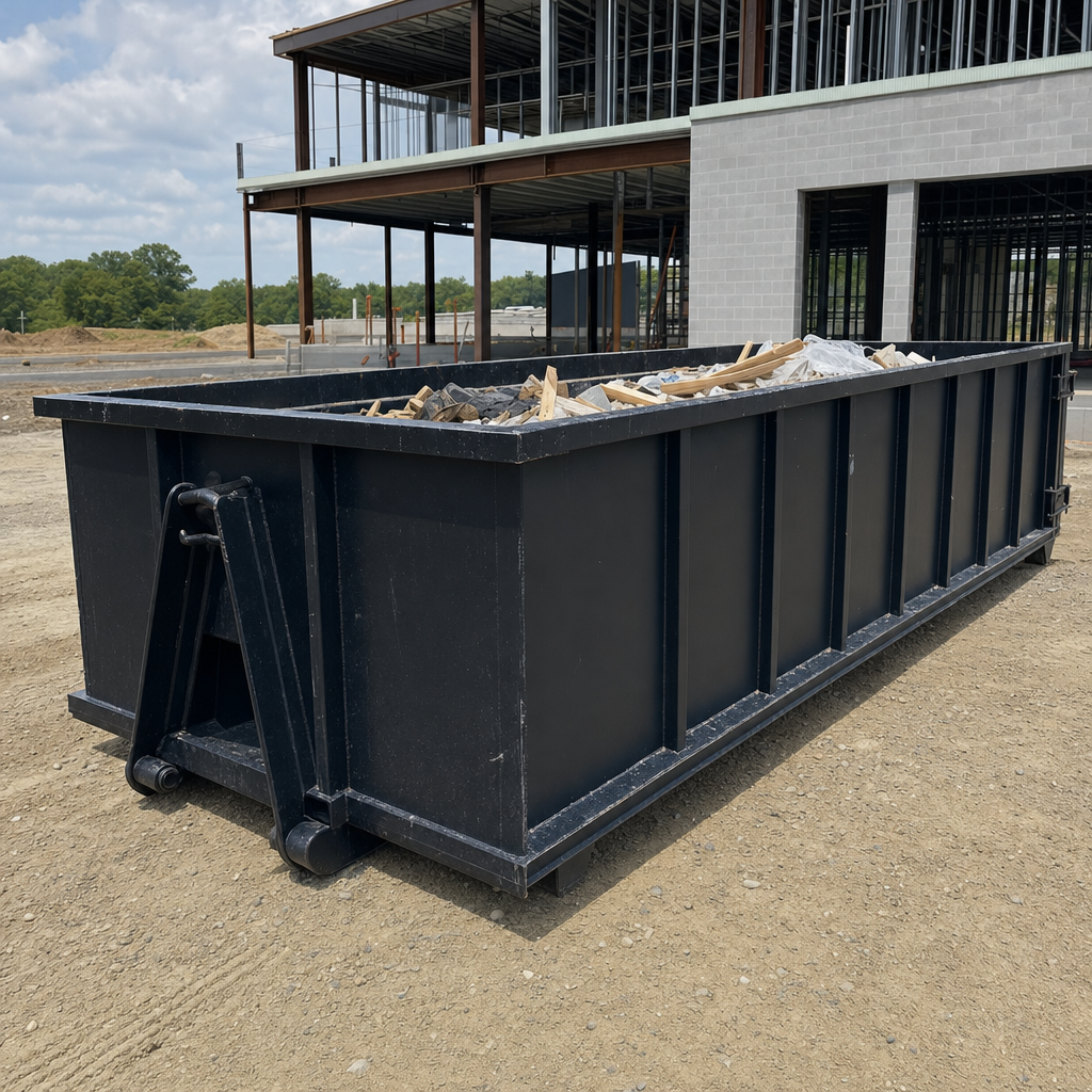 A matte-black 40-yard roll-off dumpster staged on a large Pleasanthill commercial construction lot, with a hooklift delivery truck parked alongside under bright midday sky.