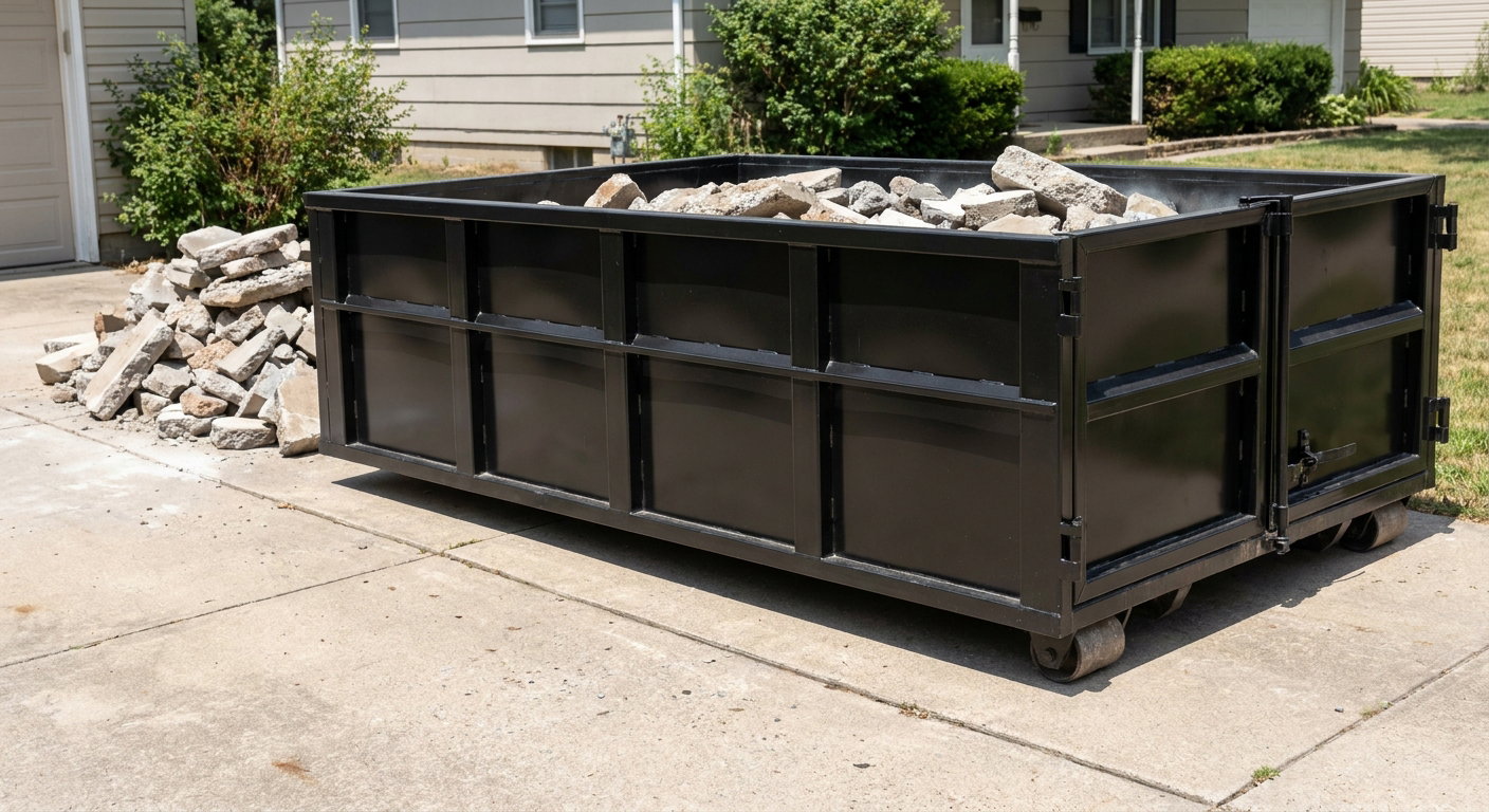 A matte-black low-side heavy-debris roll-off dumpster placed directly on a Pleasanthill concrete driveway, with broken concrete chunks neatly stacked beside it under clean daylight.